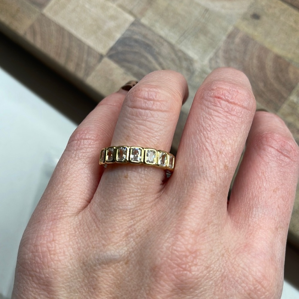 Bezel set emerald faux diamond ring, from show me your mumu.